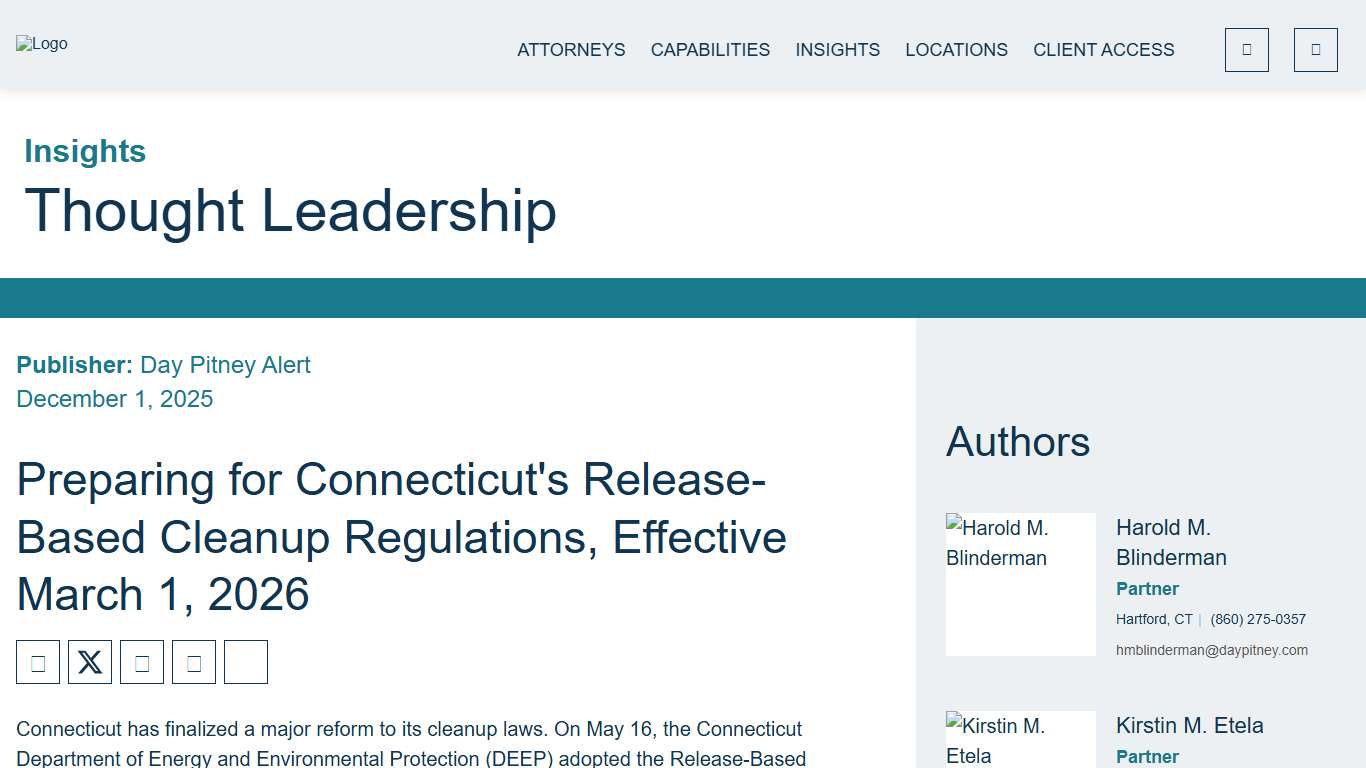 Preparing for Connecticut's Release-Based Cleanup Regulations, Effective March 1, 2026 Day Pitney