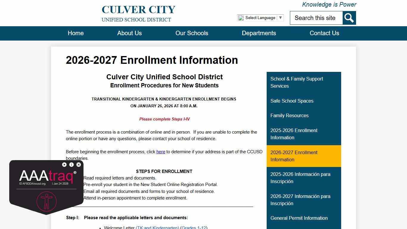 2026-2027 Enrollment Information – School & Family Services – Culver City Unified School District